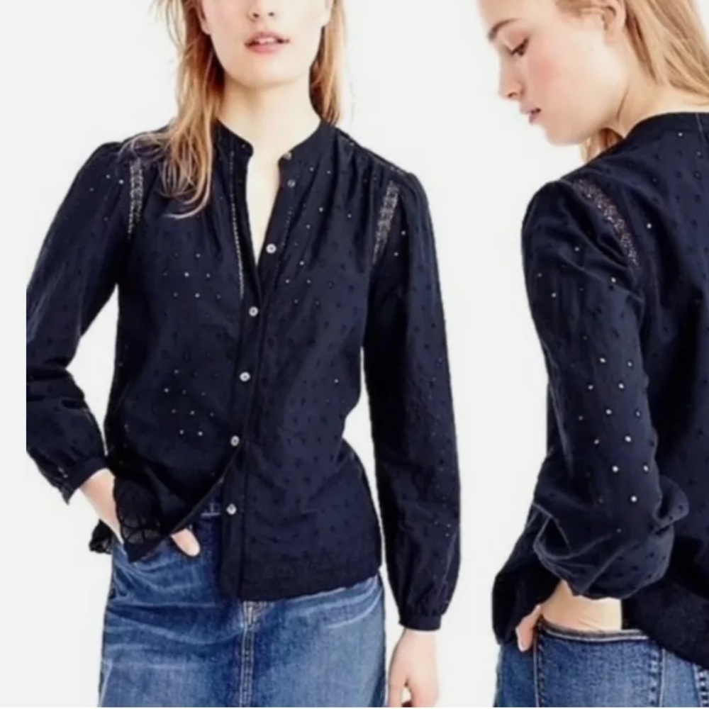 J. Crew Women's Navy Eyelet Shirt Blouse Size 0 Crew Neck Button Down